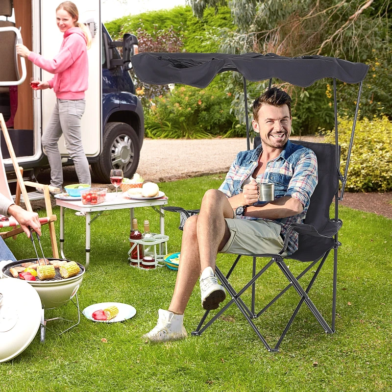 HOMCOM Chaise de Camping Pliable Grand Confort Pare-Soleil + Porte-gobelets intégrés, possibilité d'être portée en Sac à Dos Noir