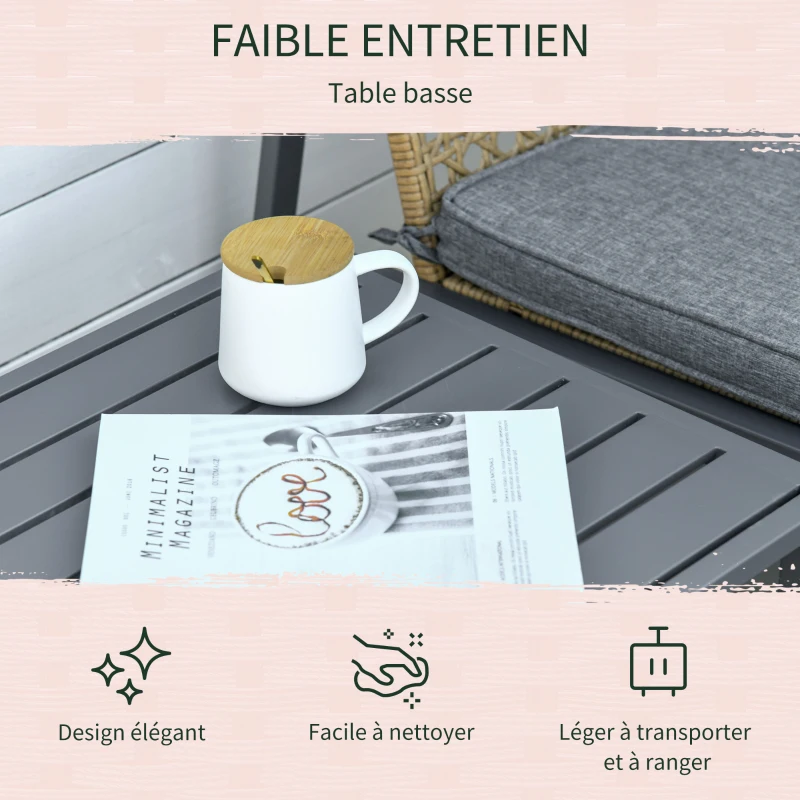 Outsunny Ensemble de jardin 3 pièces style cosy 2 fauteuils à bascule avec coussins assise dossier + table basse résine tressée imitation rotin naturel gris