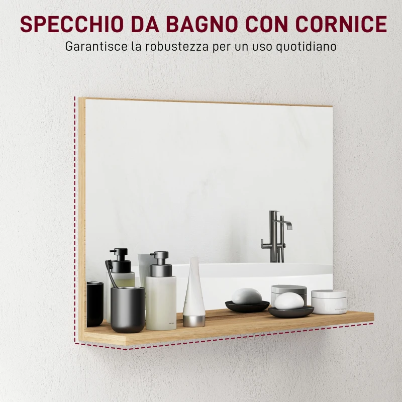 kleankin Specchio Bagno da Parete con Mensola Design Moderno e Multiuso, 60x12x40 cm, Legno