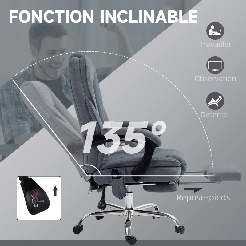 Vinsetto Fauteuil de bureau massant et chauffant hauteur réglable dossier inclinable télécommande repose-pieds rétractable gris
