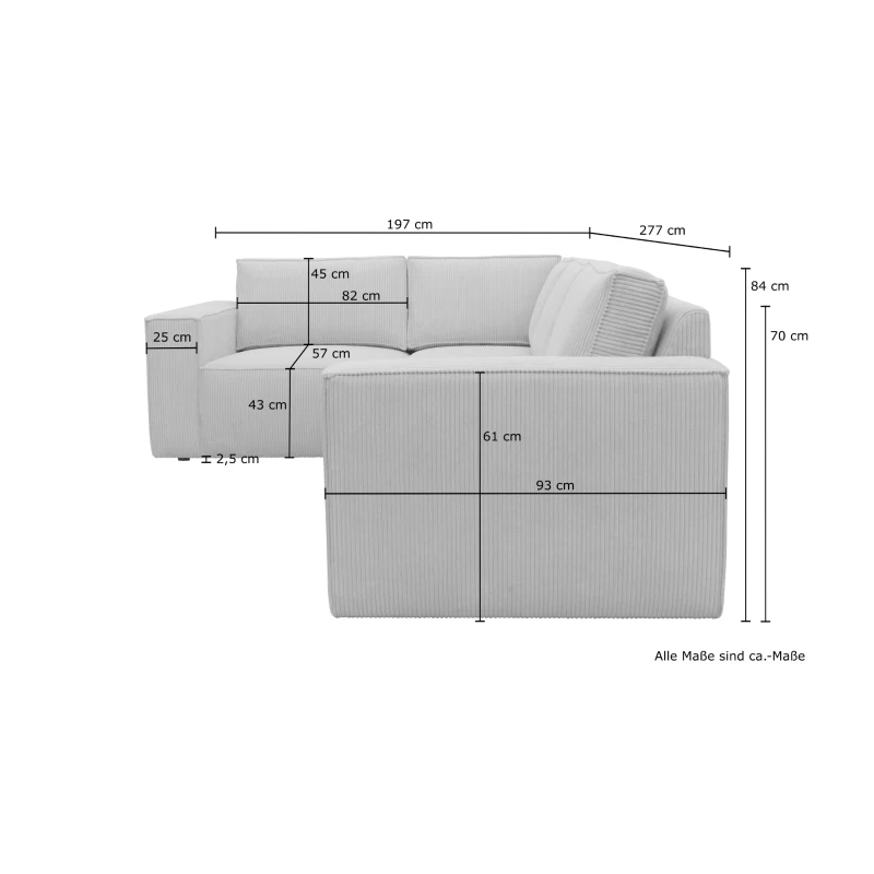 Ecksofa 101 017, Sofa, L-Form, Cord-Sofa, Couch, Polsterecke, Eckcouch, 277 x 197 x 84 cm (BxTxH), Creme