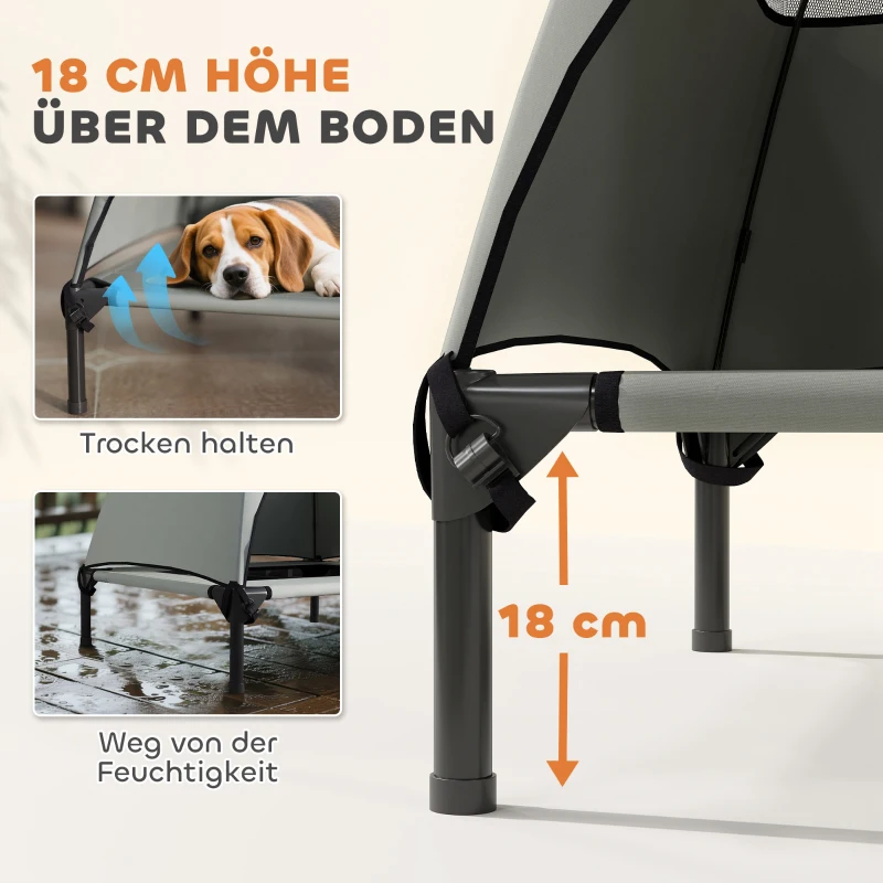 PawHut Leżanka dla Psa na Zewnątrz z Daszkiem, Podwyższone Łóżko dla Psów Średniej Wielkości, 76 x 61 x 71cm, Jasnoszary