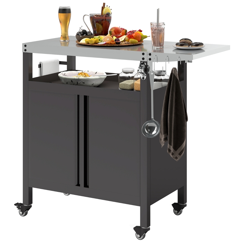 Outsunny Chariot de barbecue avec plateau en acier inoxydable, tablette pliable et crochets, 116 x 50 x 93 cm, noir