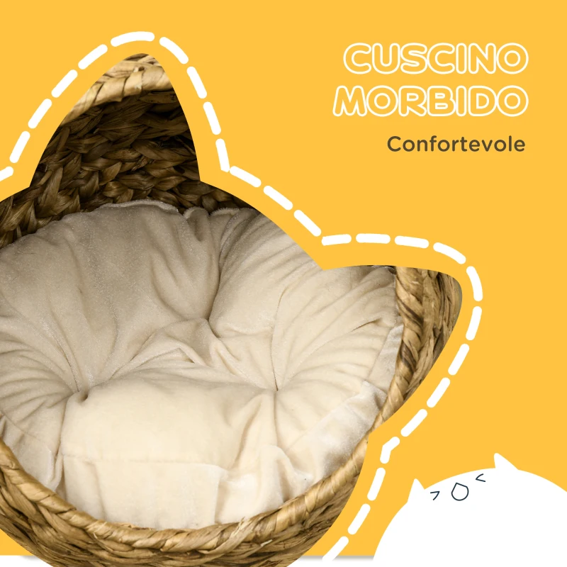 PawHut Cuccia Rialzata per Gatti in Vimini, con Cuscino in Cotone, Marrone e Bianco, 40x37x51 cm
