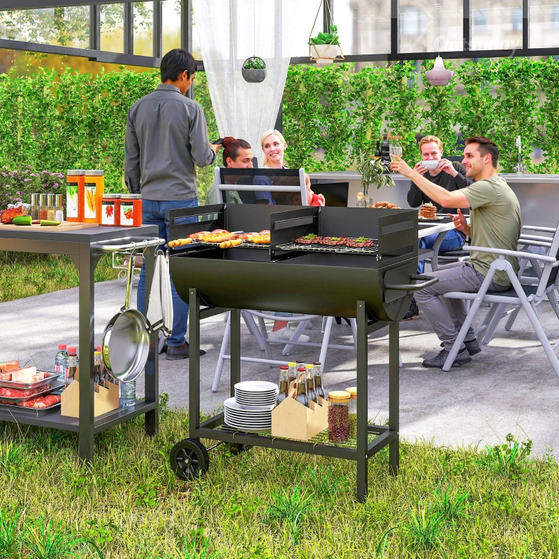 Outsunny Barbacoa de Carbón con Parrilla Ajustable en Altura para Exterior Barbacoa Portátil con Estante de Almacenaje y Ruedas 90x45x96 cm Negro