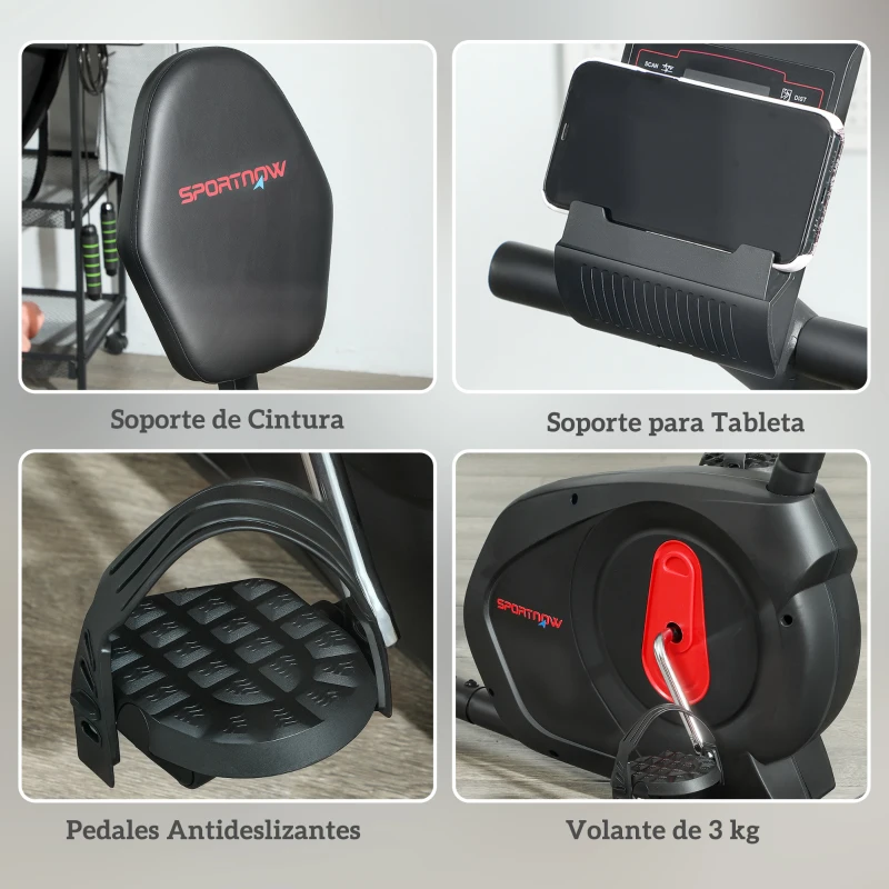 SPORTNOW Bicicleta Estática en Casa con Respaldo Resistencia Magnética Ajustable y Pantalla LCD 103-139x61x100,5 cm Negro