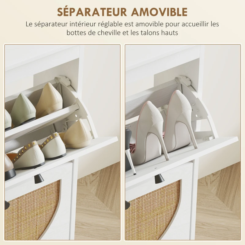 HOMCOM Meuble à chaussures 4 abattants 20 paires étagère réglable style bohème pieds en bois massif 105 x 24 x 97,5 cm blanc