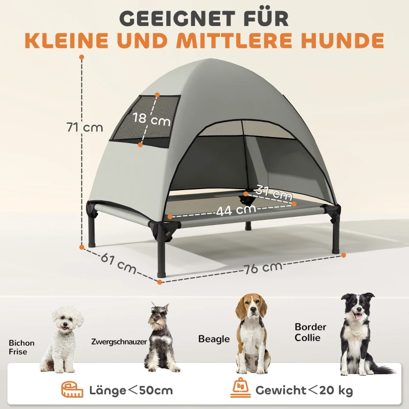 PawHut Leżanka dla Psa na Zewnątrz z Daszkiem, Podwyższone Łóżko dla Psów Średniej Wielkości, 76 x 61 x 71cm, Jasnoszary