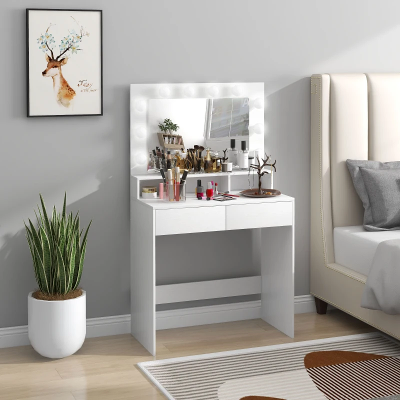 HOMCOM Coiffeuse avec miroir Hollywood, tiroirs, 3 modes d'éclairage, 10 ampoules, 80 x 40 x 135 cm, blanc