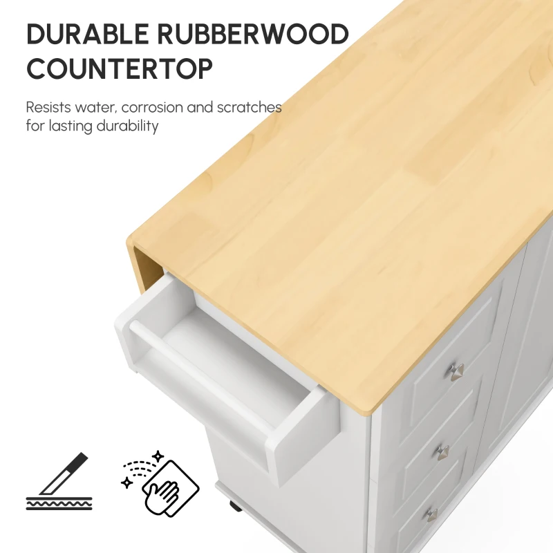 HOMCOM Kitchen Island with Drop Leaf, Rolling Kitchen Storage Trolley on Wheels with 3 Drawers, Spice Rack and Towel Rack, Storage Cart with Rubber Wood Top, White