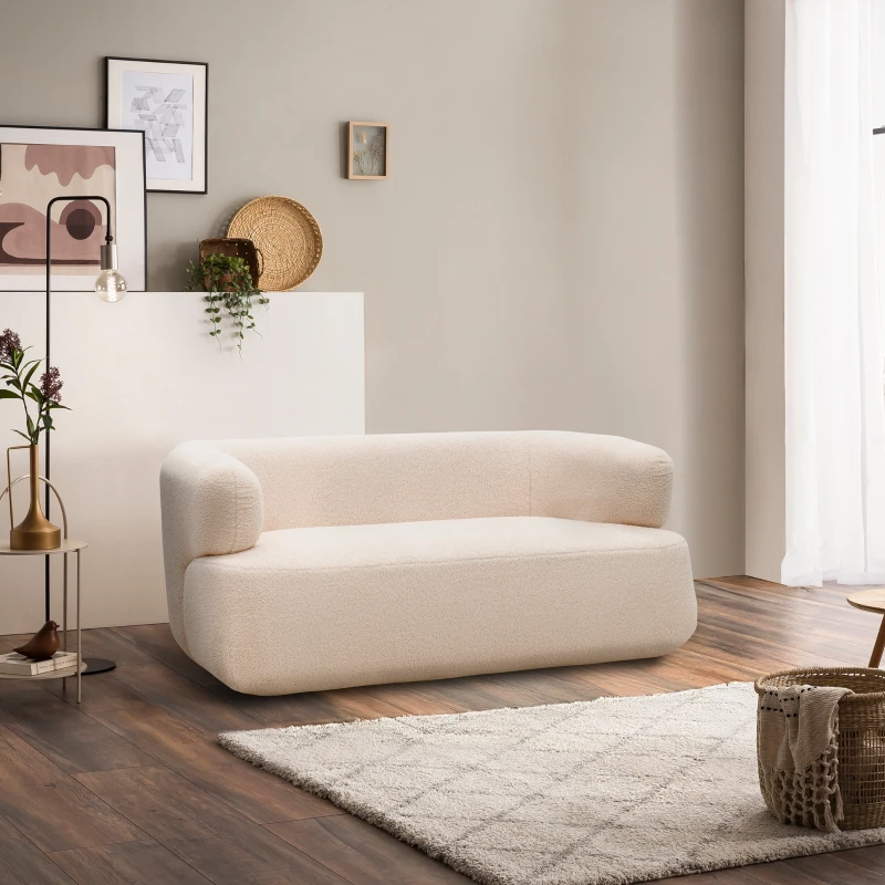Sofa 800012, 2-Sitzer, 2er Couch, Teddy-Stoff, Polstersofa, 160 x 86 x 71 cm (BxTxH), Creme