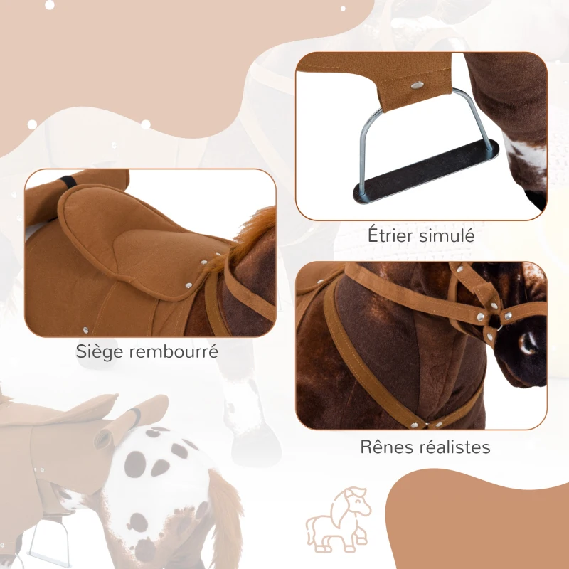 HOMCOM Cheval Debout en Peluche Effets sonores hennissement et Galop Selle étrier rênes 85L x 28l x 60H Marron Blanc(m-7)
