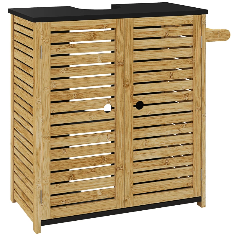 HOMCOM Dulap Sub Chiuvetă cu 2 Uși, Suport pentru Prosoape și Decupaj în Formă de U, 60,5x30,5x69,5 cm, Lemn Natural(m-11)
