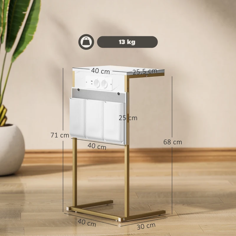 HOMCOM Mesa Auxiliar Estilo Marmolizado con Cargador USB y Espacio de Almacenaje 25,5x40x71 cm Blanco y Dorado