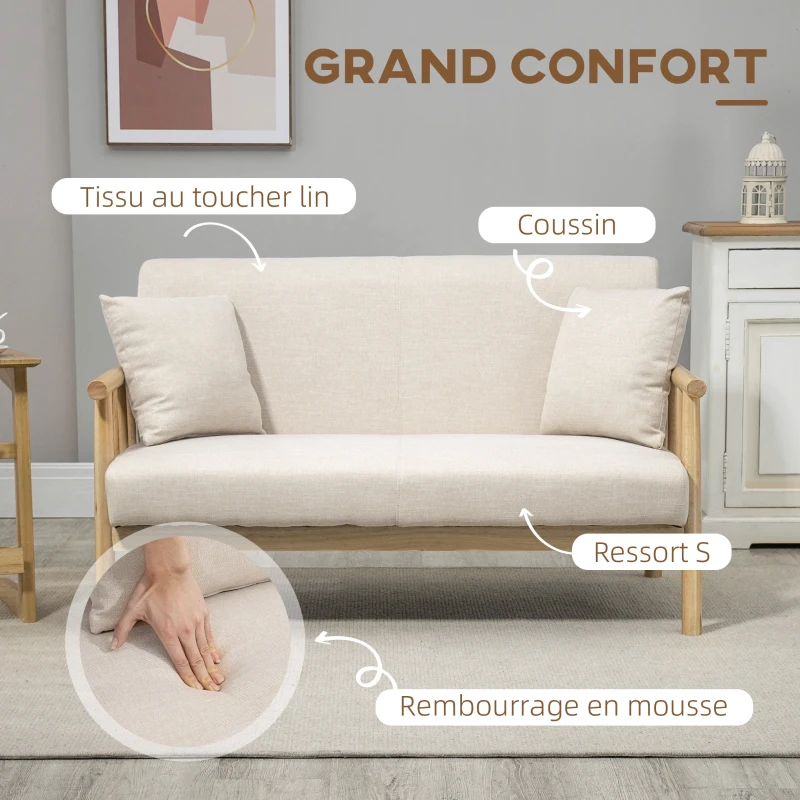 HOMCOM Canapé banquette 2 places style naturel en bois et tissu - dim. 123L x 69l x 74H cm - beige