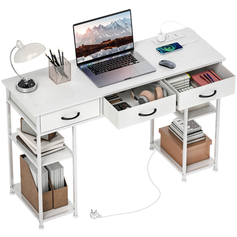 HOMCOM 120cm Computer Desk with Power Outlets, Office Desk Study Table with 3 Fabric Drawers and 4 Storage Shelves, White