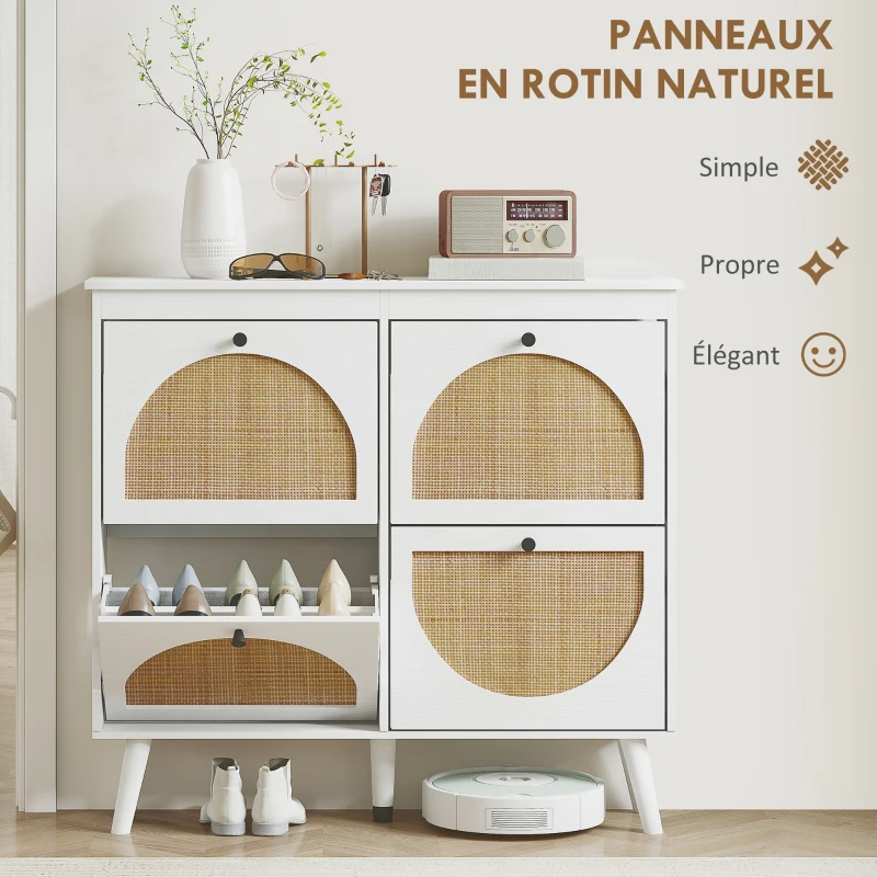 HOMCOM Meuble à chaussures 4 abattants 20 paires étagère réglable style bohème pieds en bois massif 105 x 24 x 97,5 cm blanc