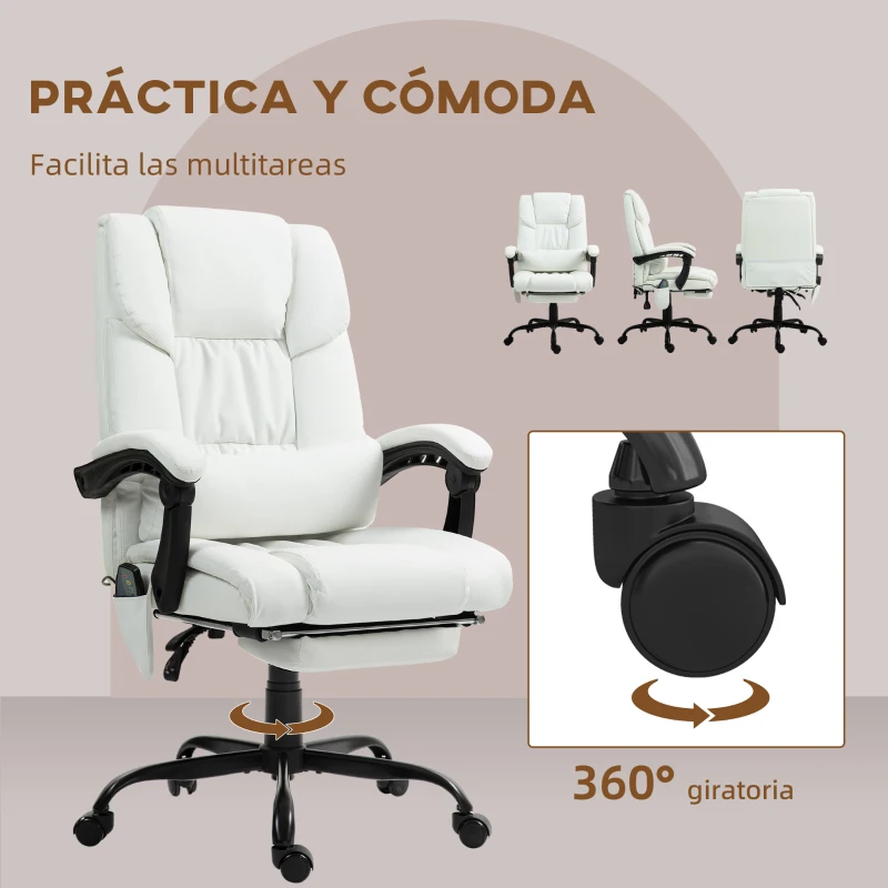 Vinsetto Silla de Oficina con Masaje de 6 Puntos Ergonómica Respaldo Alto Reclinable Altura Ajustable Reposapiés y Mando a Distancia Blanco