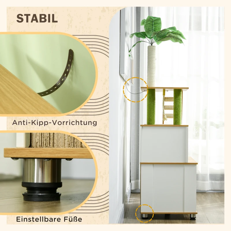PawHut Kratzbaum Katzenbaum, inkl. Schrank, 1 Katzenhöhle, 80 x 48 x 160cm, 1 Leiter, Eiche + Weiß