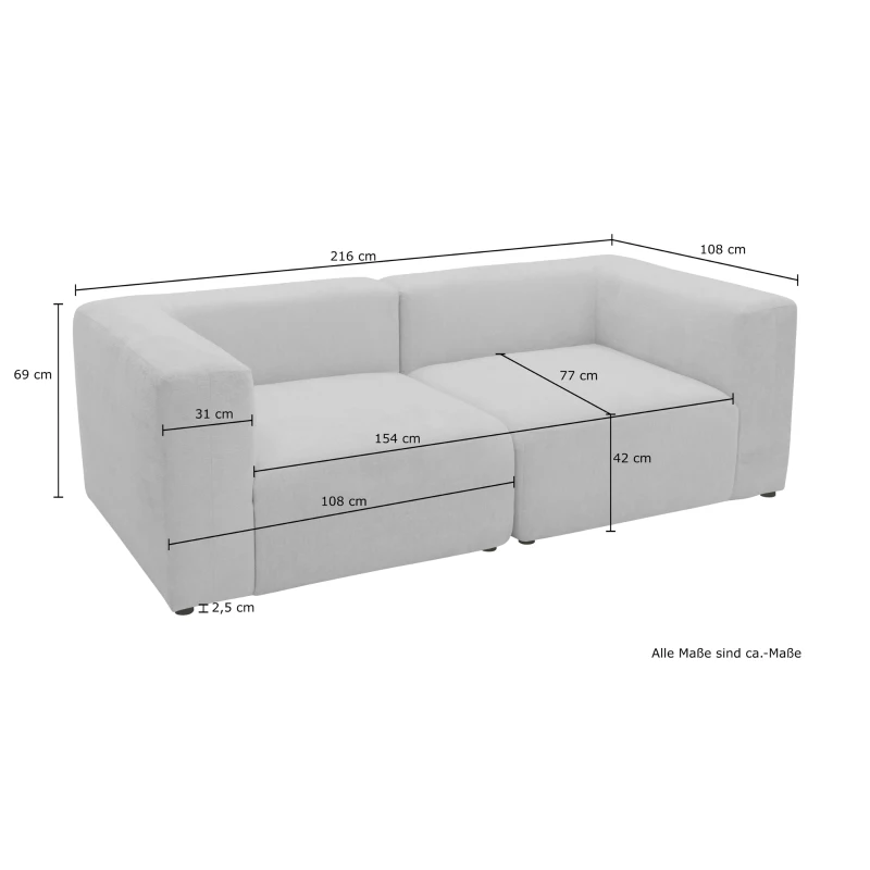 Sofa 800013, 2-Sitzer, rechteckig, gepolsterte Rückenlehne, 2er Couch, 216 x 108 x 69 (BxTxH), Hellgrau