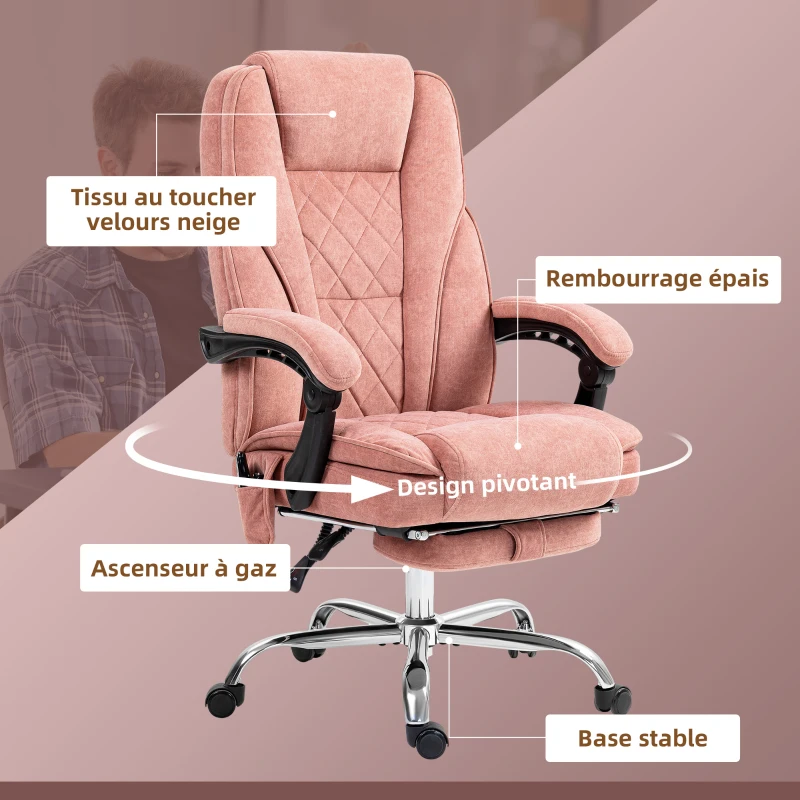 Vinsetto Fauteuil de bureau massant et chauffant hauteur réglable dossier inclinable télécommande repose-pieds rétractable rose