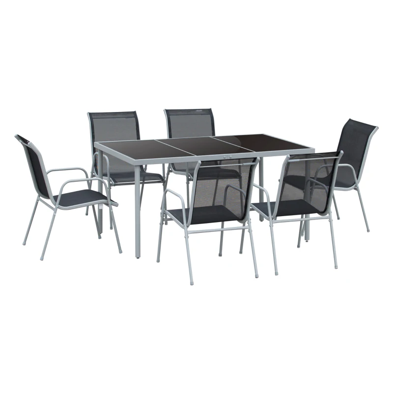 Outsunny Ensemble de jardin 6 pers. - table de jardin extérieure avec 6 chaises empilables plateau verre trempé 5 mm métal époxy gris textilène noir