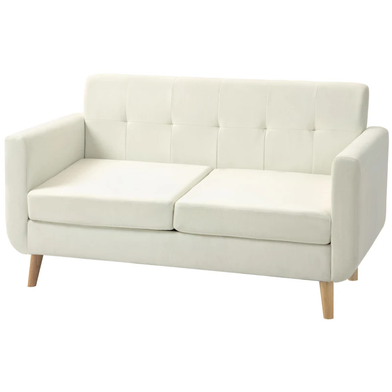 HOMCOM Sofá de 2 Lugares Estofado em Linho Sintético com Apoio para os Braços e Pés de Madeira Sofá Pequeno 138,5x70x75 cm Creme
