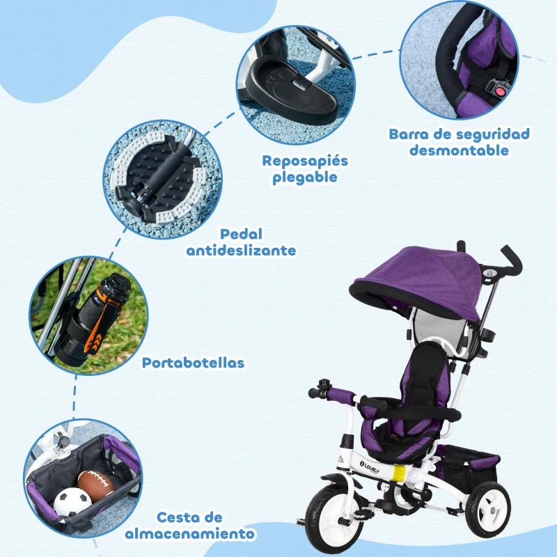 HOMCOM Triciclo Evolutivo para Niños +12 Meses con Toldo Plegable Mango de Empuje Telescópico y Cinturón de Seguridad Violeta