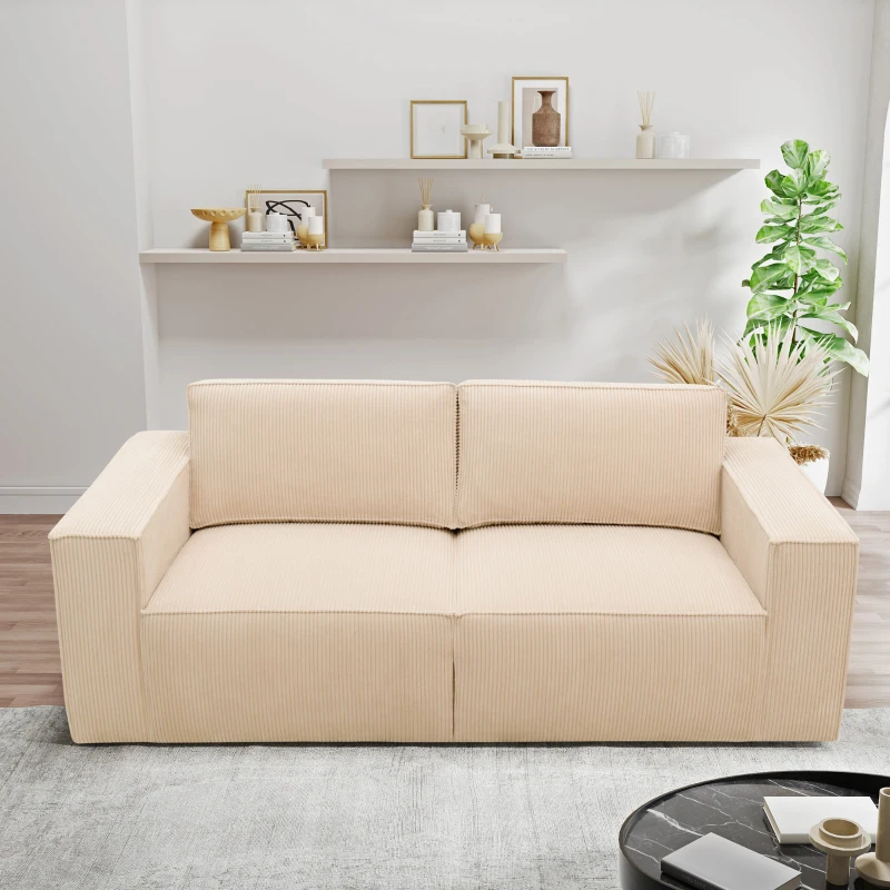 Sofa 100017, 2-Sitzer, Cord, Rückenkissen, Armlehnen, 2er Couch, 210 x 93 x 84 cm (BxTxH), creme