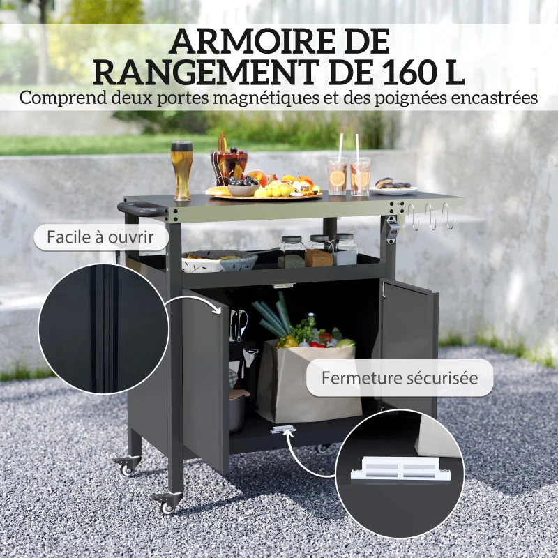 Outsunny Chariot de barbecue avec plateau en acier inoxydable, tablette pliable et crochets, 116 x 50 x 93 cm, noir