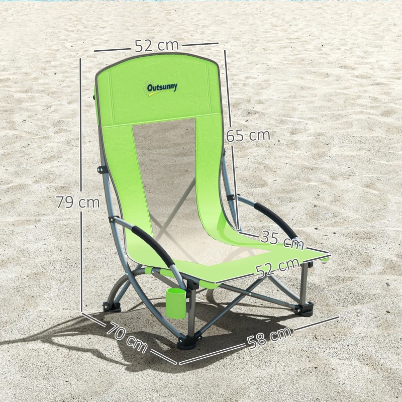 Outsunny Set of 2 Folding Beach Chair, Low Camping Chair with Mesh Back, Carry Bag and Cup Holder for Garden Outdoor Picnic Festival Travel, Green