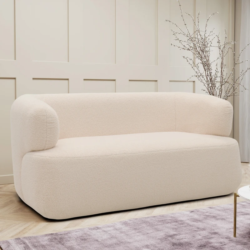 Sofa 800012, 2-Sitzer, 2er Couch, Teddy-Stoff, Polstersofa, 160 x 86 x 71 cm (BxTxH), Creme