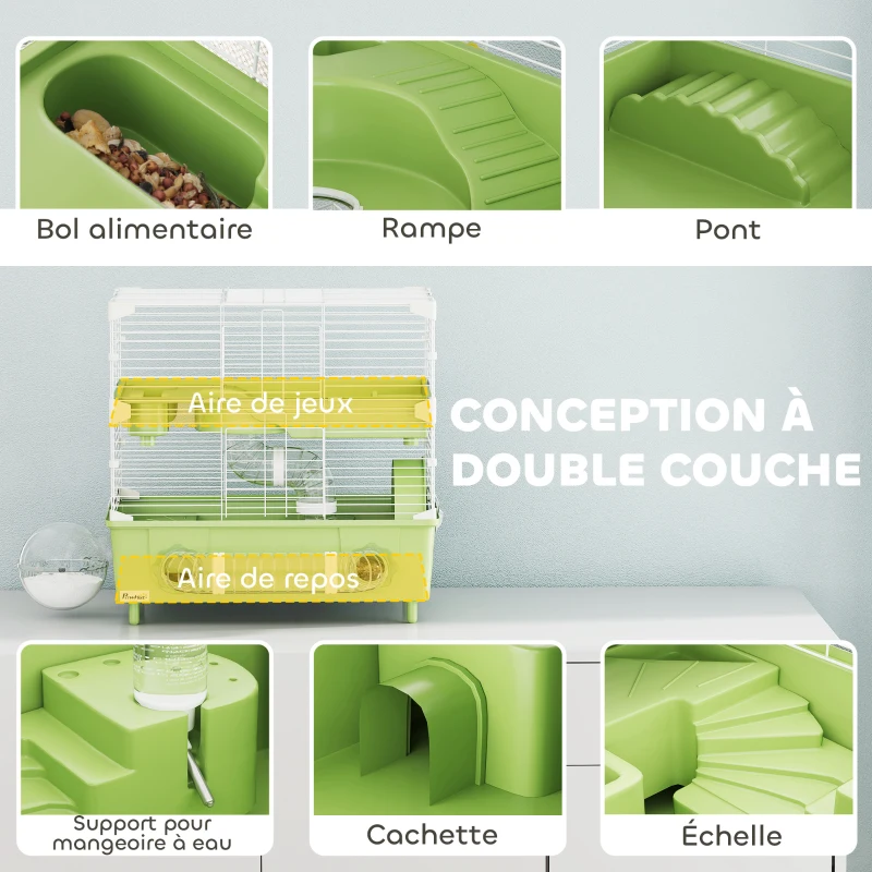 PawHut Cage pour hamster  à 2 niveaux avec roue de course salle de bain en sable pour hamster nain 44,5 x 28 x 44 cm vert