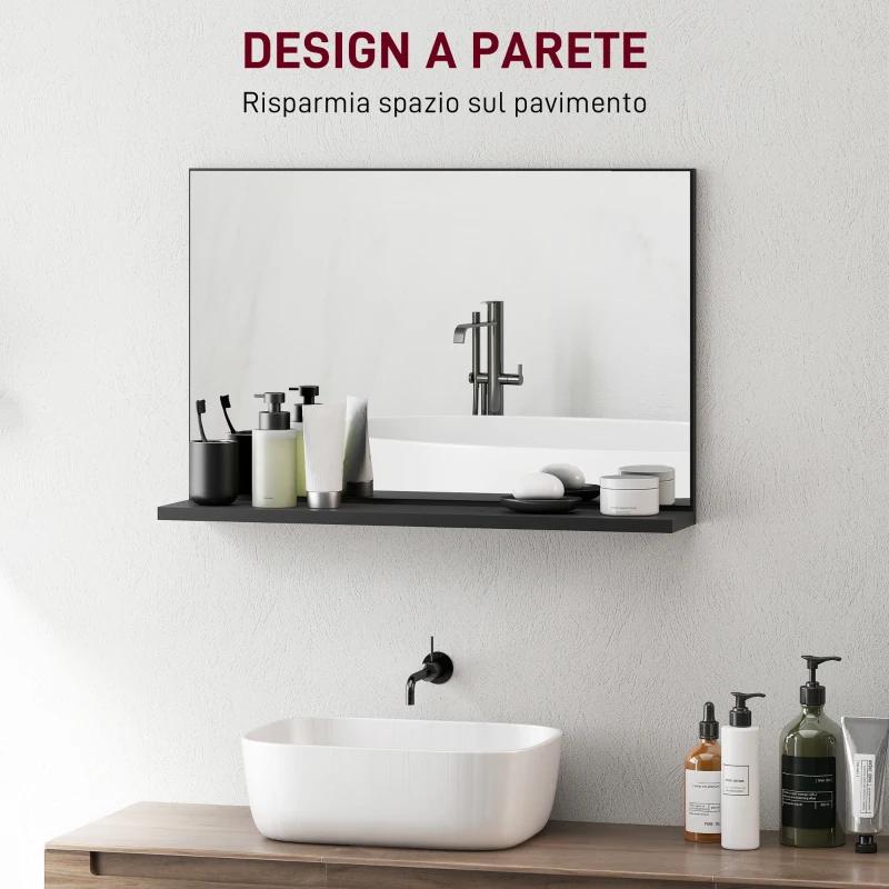 kleankin Specchio Bagno da Parete con Mensola Design Moderno e Multiuso, 60x12x40 cm, Nero