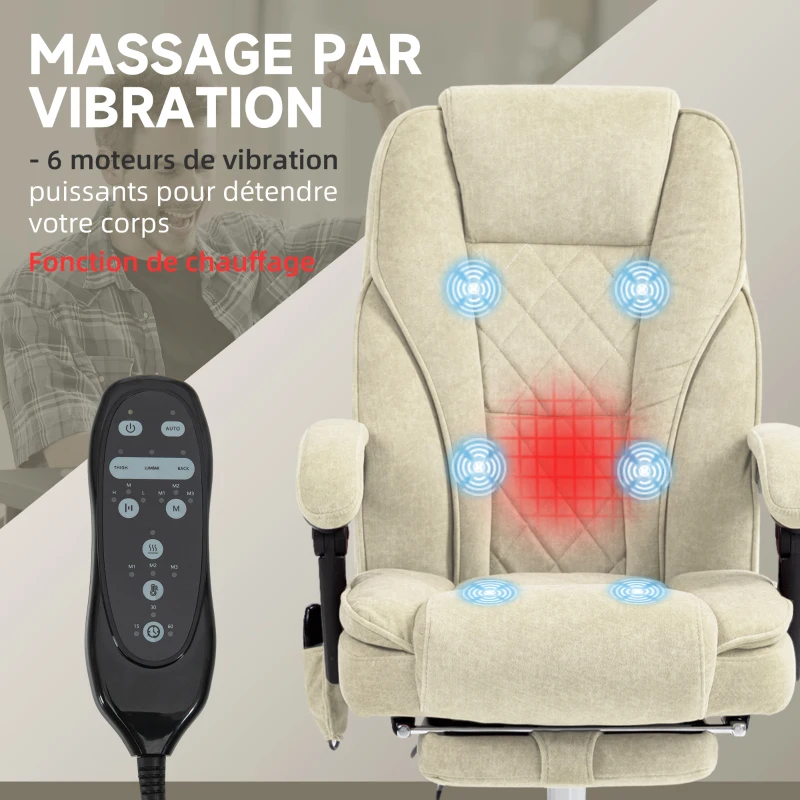 Vinsetto Fauteuil de bureau massant et chauffant hauteur réglable dossier inclinable télécommande repose-pieds rétractable beige