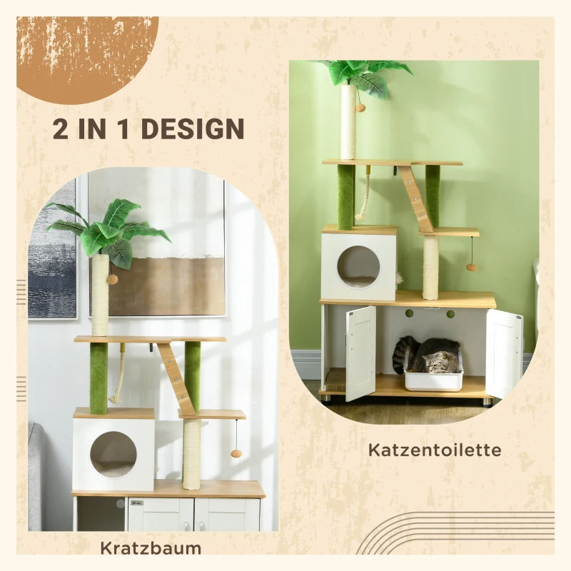 PawHut Kratzbaum Katzenbaum, inkl. Schrank, 1 Katzenhöhle, 80 x 48 x 160cm, 1 Leiter, Eiche + Weiß