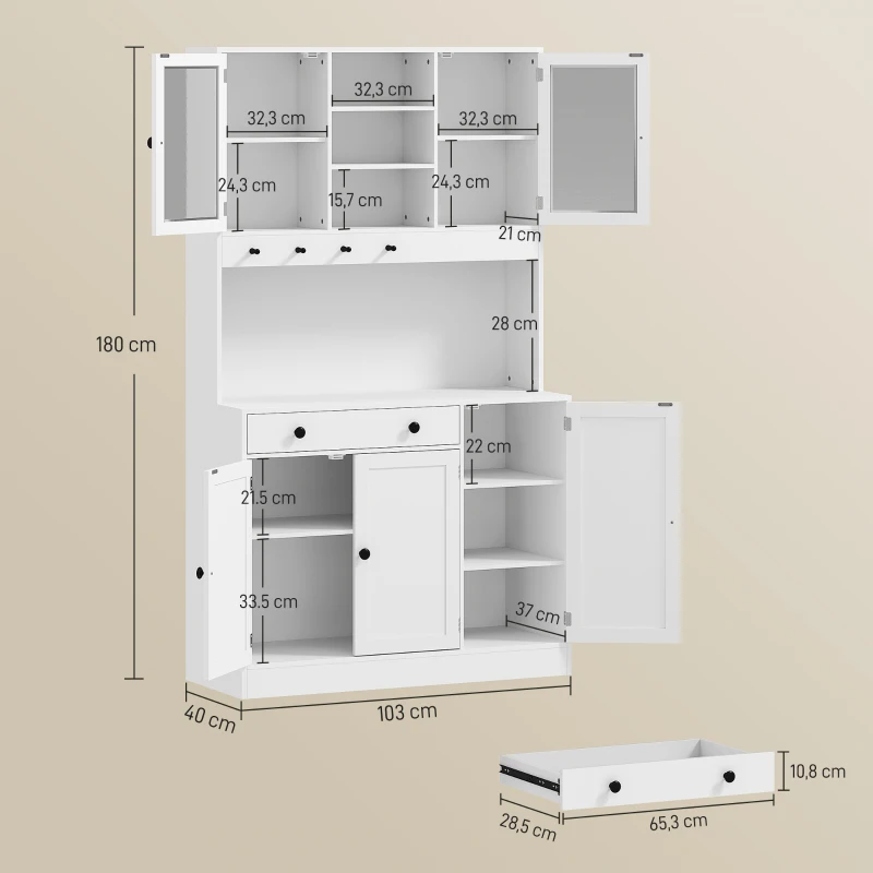 HOMCOM Meuble de rangement avec éclairage LED, placards et tiroir, portes vitrées, télécommande inclus, blanc