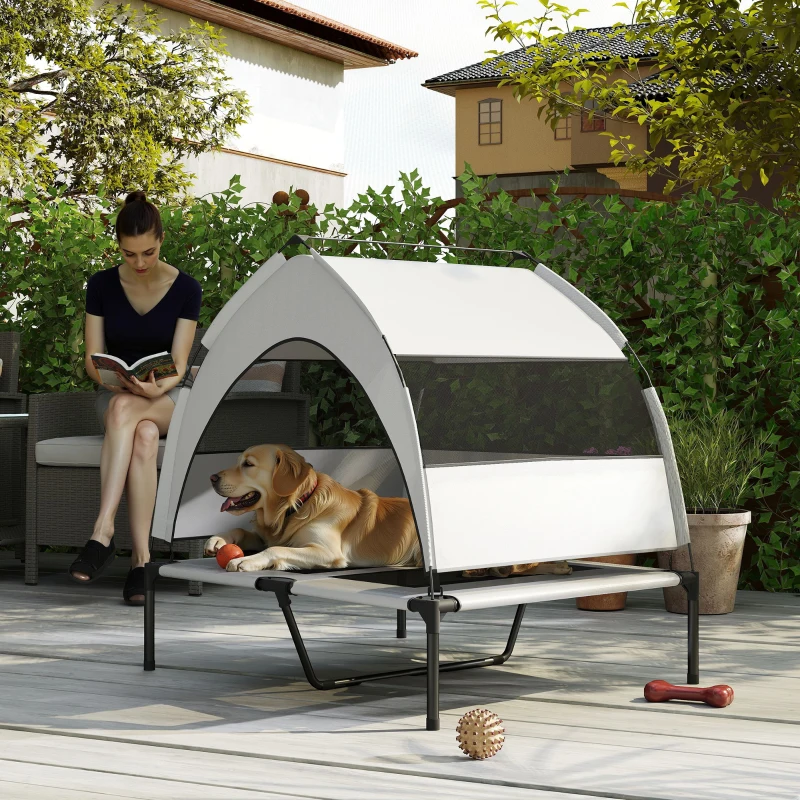 PawHut Portable Elevated Dog Bed with Removable Canopy, Cooling Raised Pet Cot for Medium Large Dogs, 92 x 75 x 89 cm