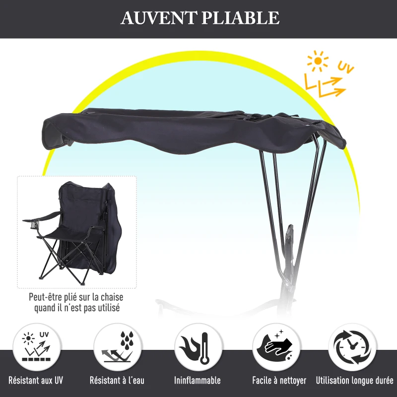 HOMCOM Chaise de Camping Pliable Grand Confort Pare-Soleil + Porte-gobelets intégrés, possibilité d'être portée en Sac à Dos Noir