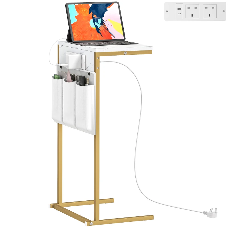 HOMCOM C-Shaped Bedside Table with Charging Station, Marble Grain Side Table with Power Outlets & USB Ports, Storage Bags, for Bedroom, Living Room, White