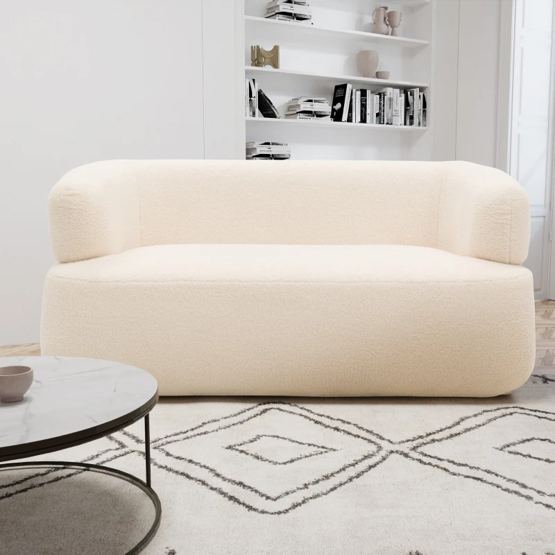 Sofa 800012, 2-Sitzer, 2er Couch, Teddy-Stoff, Polstersofa, 160 x 86 x 71 cm (BxTxH), Creme