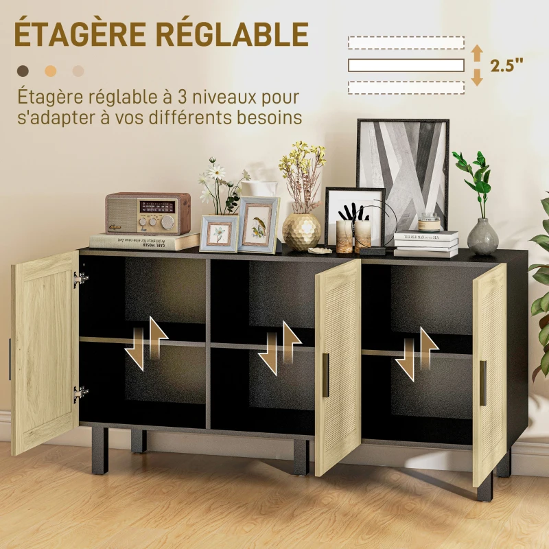 HOMCOM Meuble de rangement avec placards à portes effet cannage, étagères réglables, 136 x 41 x 70 cm, noir et bois naturel