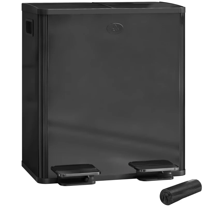 HOMCOM 40L Dual Compartment Stainless Steel Bin, with Deodoriser Holders - Glossy Black