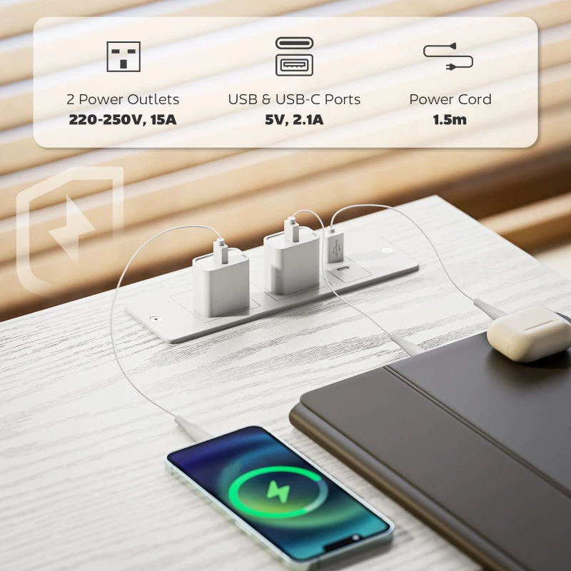 HOMCOM 120cm Computer Desk with Power Outlets, Office Desk Study Table with 3 Fabric Drawers and 4 Storage Shelves, White