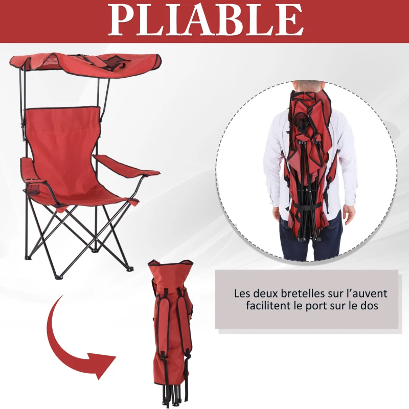HOMCOM Chaise de Camping Pliable Grand Confort Pare-Soleil + Porte-gobelets intégrés, possibilité d'être portée en Sac à Dos Rouge Noir