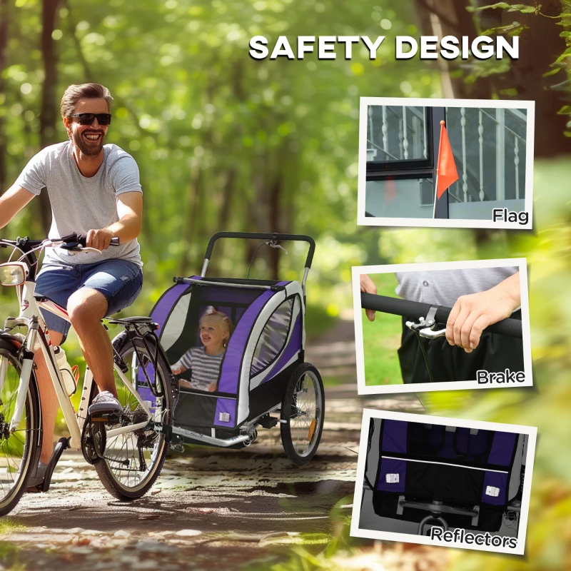 HOMCOM Baby Bike Trailer with 5 Point Harness, Steel Frame, Reflectors, Safety Flag, Hitch Coupler, Purple