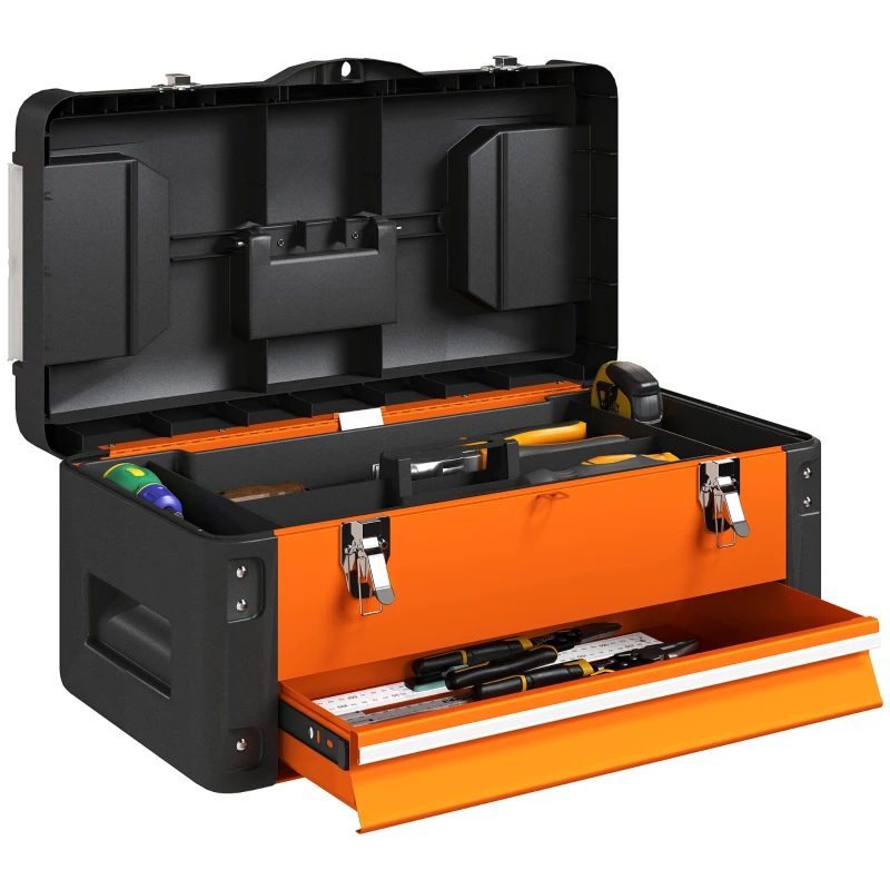 HOMCOM Werkzeugkiste leer, 49,7 x 25,3 x 23 cm Werkzeugkasten mit Schublade, Mini-Box Stahl Orange(m-10)