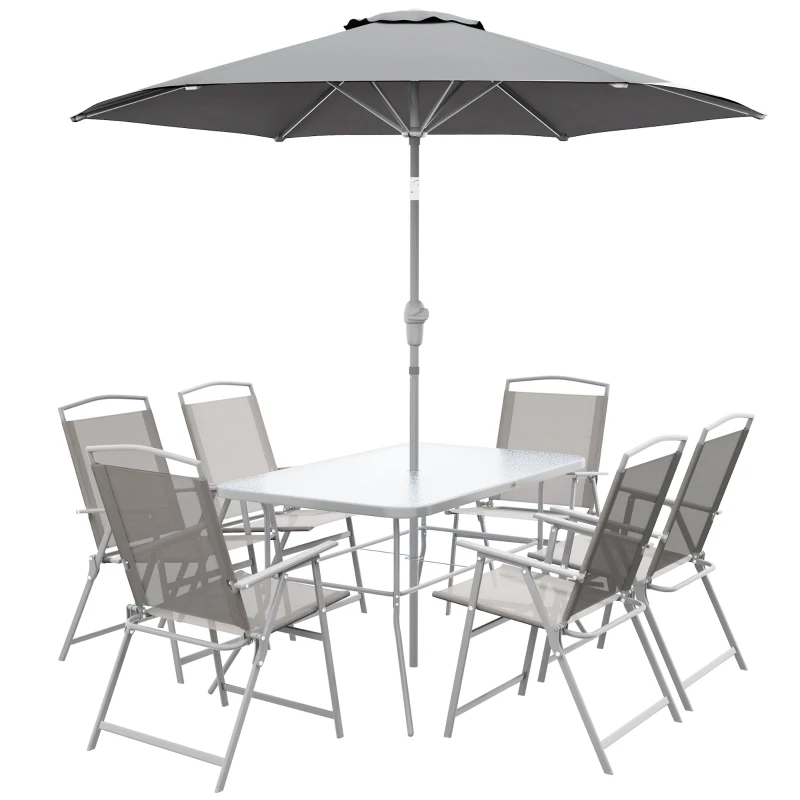 Outsunny Set da Giardino con Tavolo da Pranzo, 6 Sedie Pieghevoli e Ombrellone a Manovella, Grigio