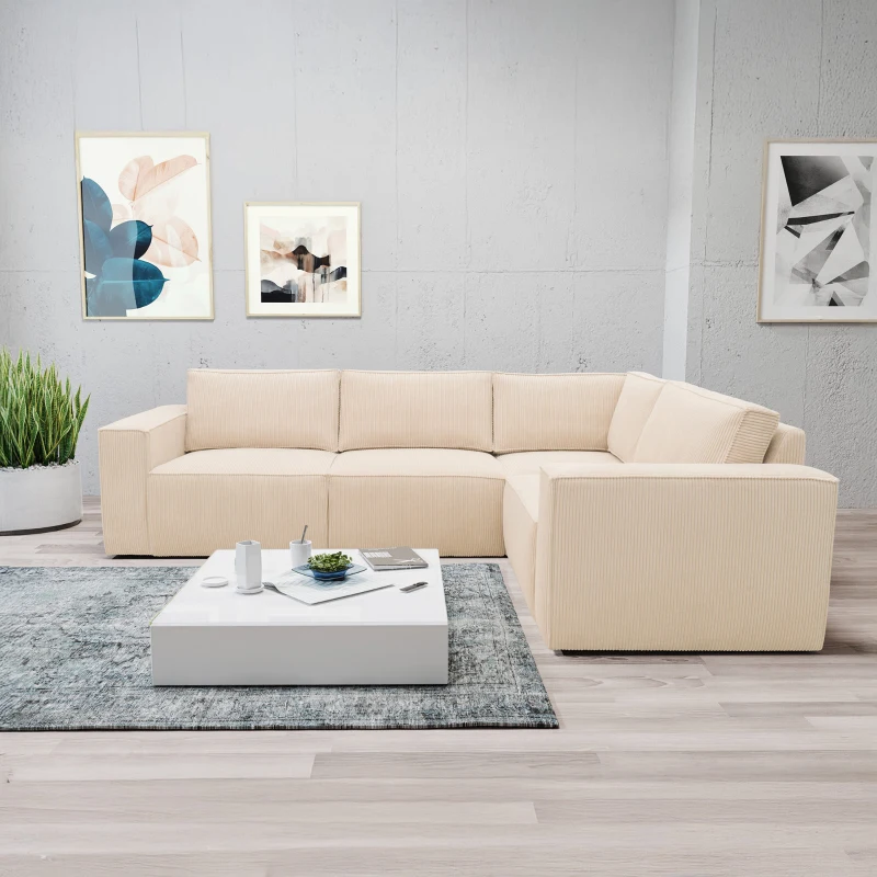 Ecksofa 101 017, Sofa, L-Form, Cord-Sofa, Couch, Polsterecke, Eckcouch, 277 x 197 x 84 cm (BxTxH), Creme