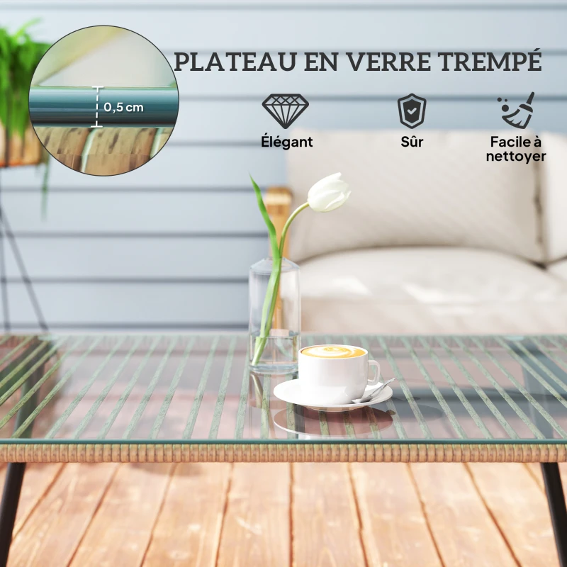 Outsunny Table basse de jardin avec plateau verre trempé 5 mm, table d'appoint pour extérieur, cadre en acier, effet bois naturel